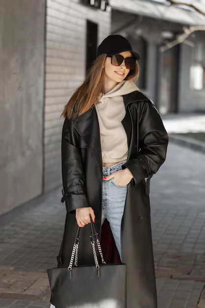 Sunglasses, a hoodie, a leather trench coat, wide-leg jeans, and pointed pumps.