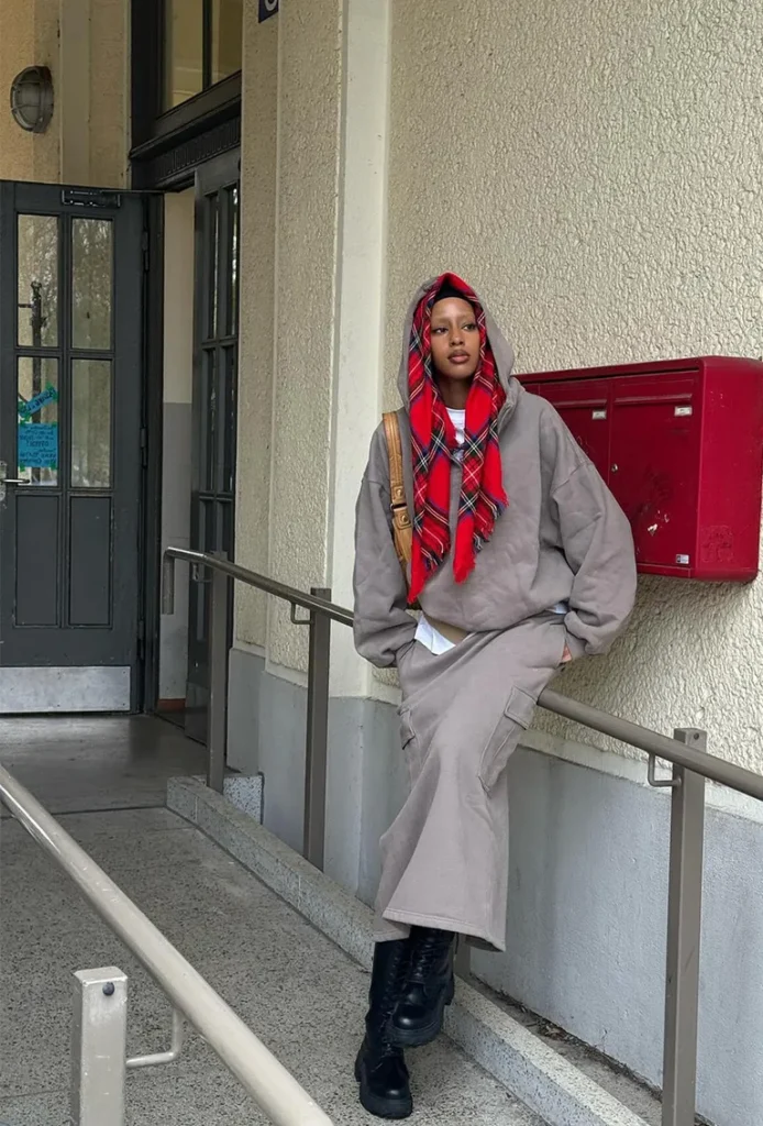 Hoodie + T-shirt + Printed Scarf + Cargo Skirt + Combat Boots